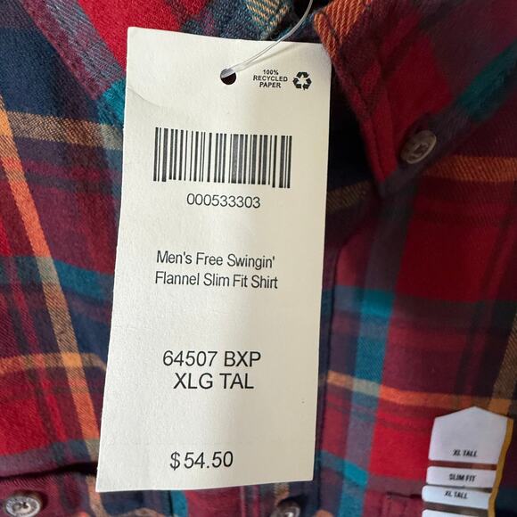 Duluth Trading Free Swingin Flannel Mens XLT SLIM FIT Shirt Red Work Plaid - Picture 5 of 8